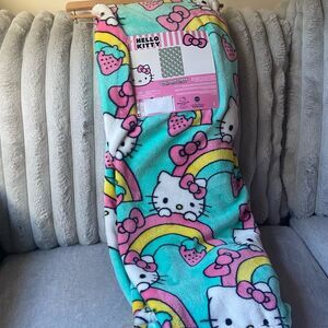 Hello Kitty Blanket - Sanrio Teal Blanket with Rainbows, Strawberries and Bows